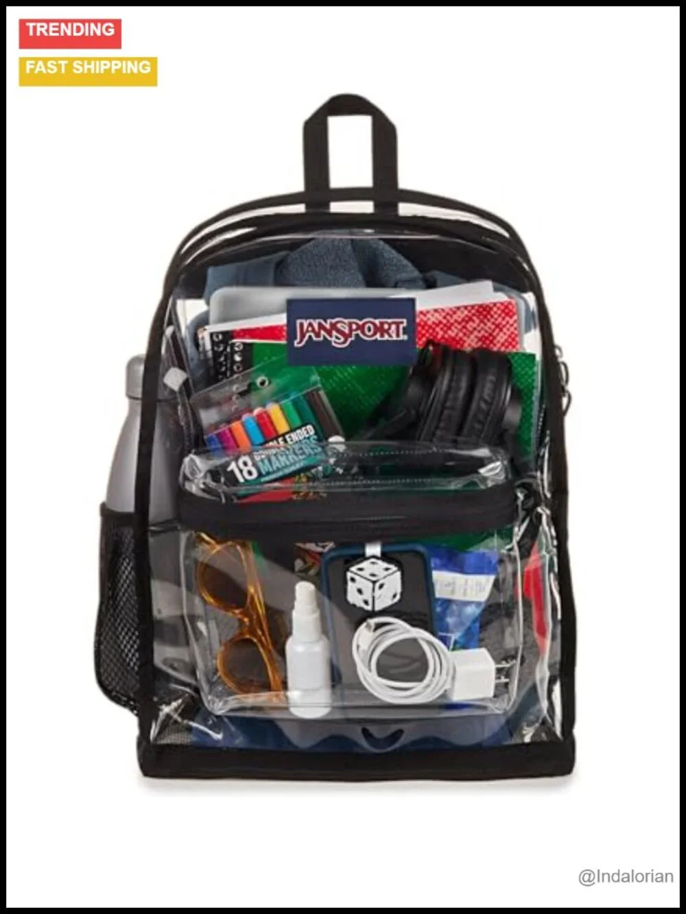 Clear Backpack, 25.5L, Large Main Compartment, Water Bottle Pocket, Front Zip